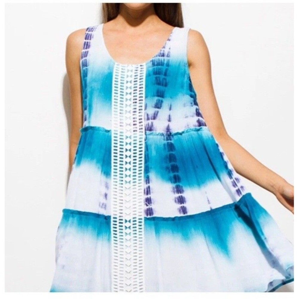 b-SHARP Women Tie-Dye Tiered Dress Crochet Panel Blue White Medium NWT